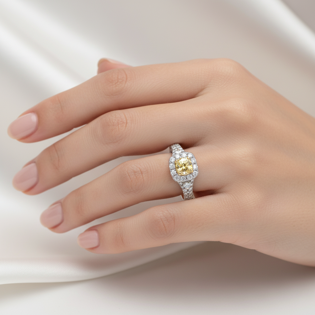 The Sunburst Halo Ring: 14k White Gold with Natural Fancy Yellow Diamond - SKU 1910715 - Image 2