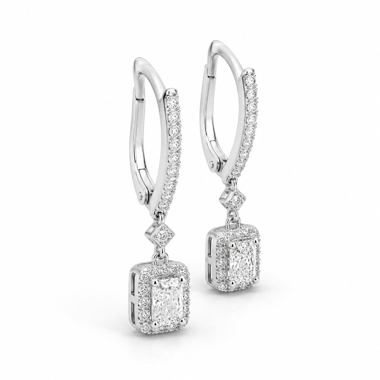 Sterling Silver 1.00 CTW Radiant-Cut Lab-Grown Diamond Halo French Wire Drop Earrings - Image 3