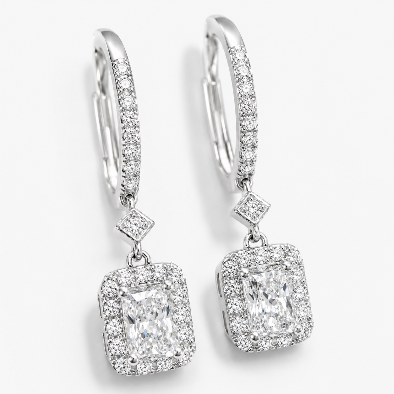 Sterling Silver 1.00 CTW Radiant-Cut Lab-Grown Diamond Halo French Wire Drop Earrings - Image 4